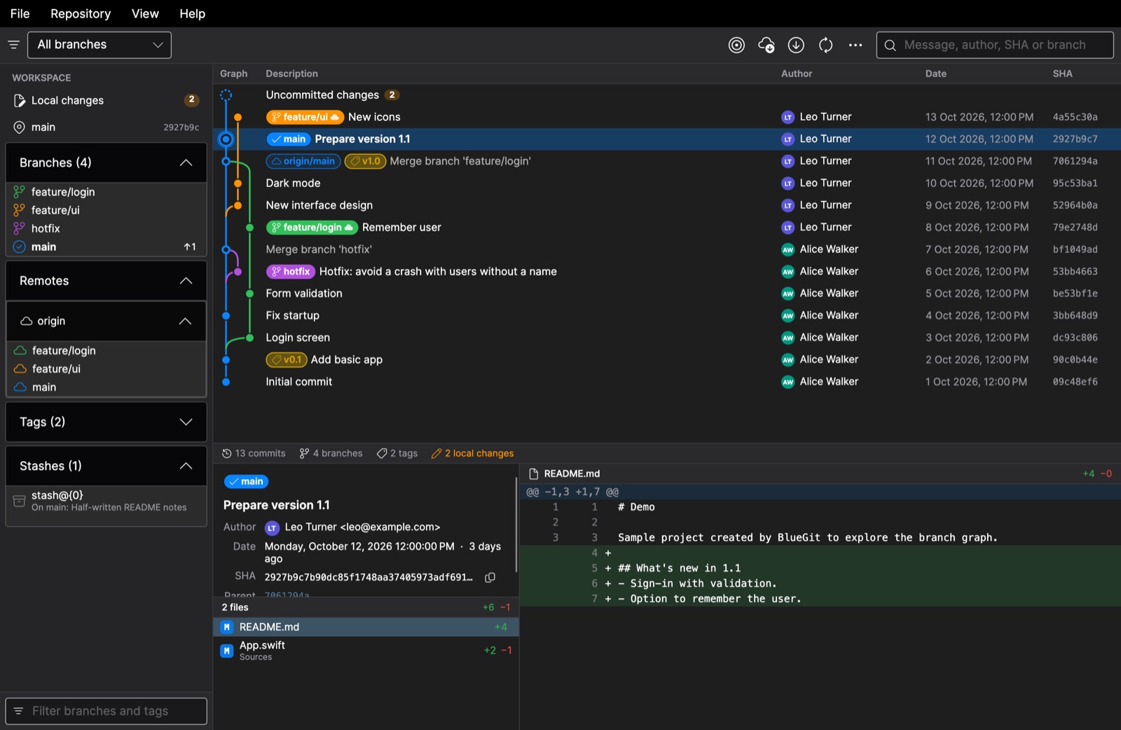 BlueGit on Windows and Linux: sidebar with branches, remotes, tags and stashes next to the commit graph